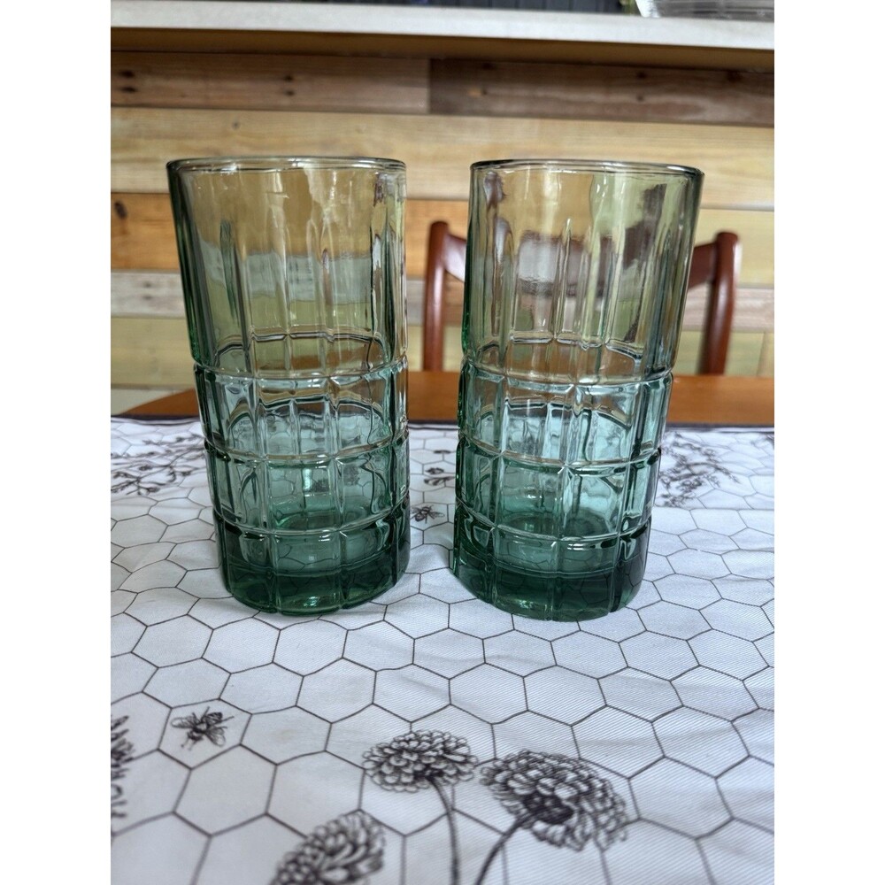2 Anchor Hocking Green Manchester Tartan Plaid Ice Tea Glass Tumbler 6" 16oz Vtg